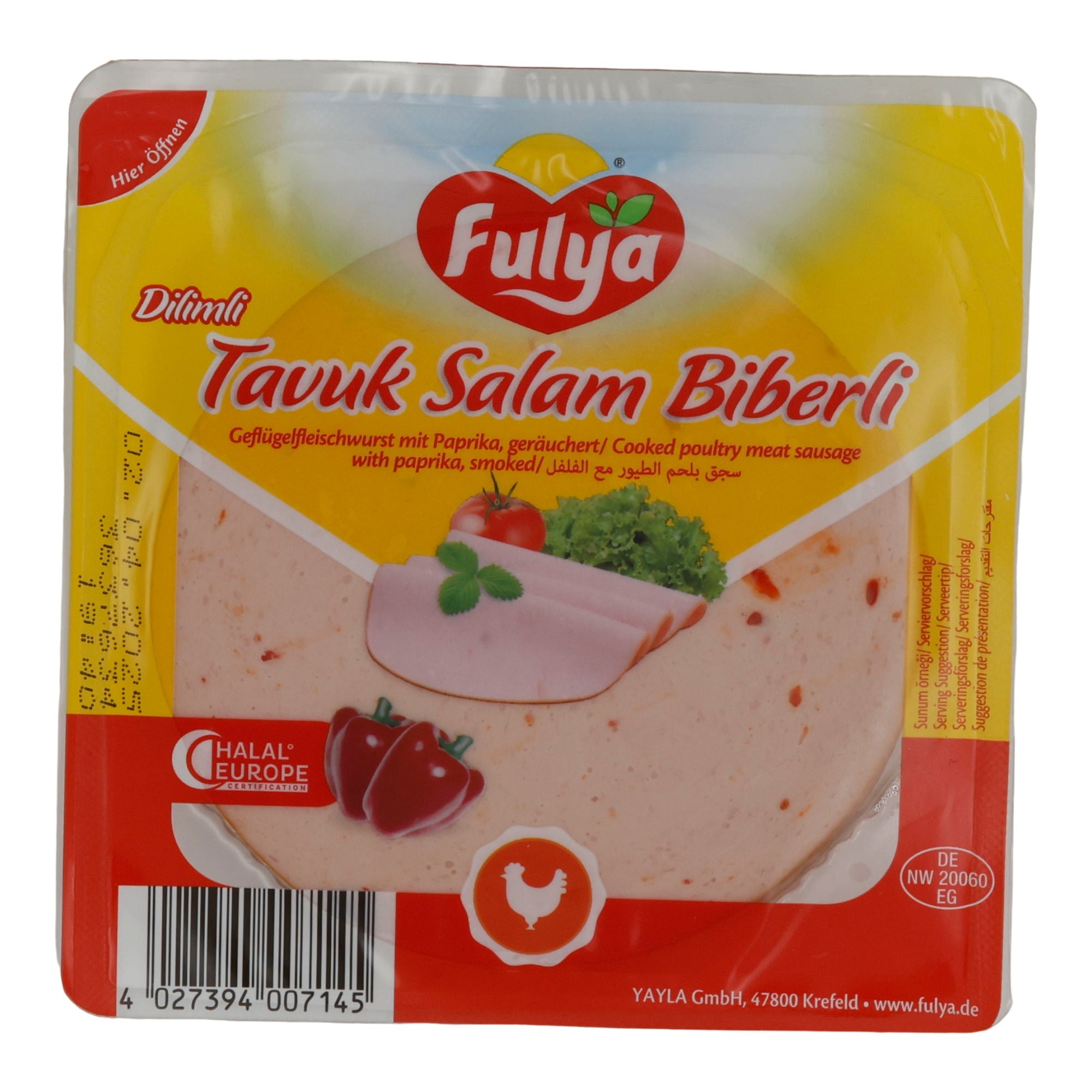 Geflügelfleischwurst Fulya | Tavuk Salam Biberli | Geräuchert, mit Paprika, Halal | 200 g FULYA